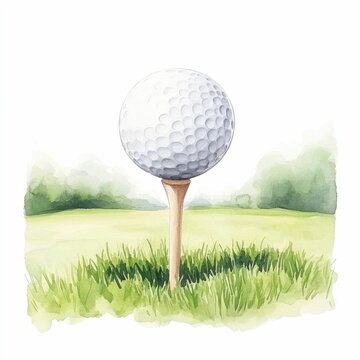 Watercolor painting depicting a golf ball placed on a tee near the hole on a serene peaceful golf course landscape  The image showcases the tranquil and scenic environment of the grassy fairway