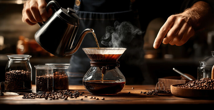 barista pours hot coffee into glass carafe, creating steam and aroma. scene captures art of brewing with coffee beans and