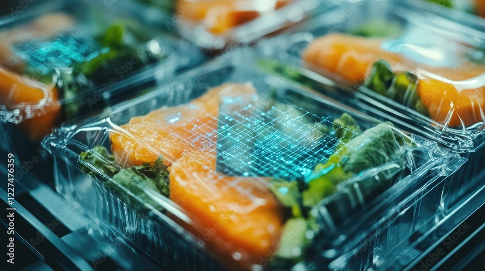 Poster a close-up of nanosensors inside food packaging, actively detecting harmful contaminants, highlighti
