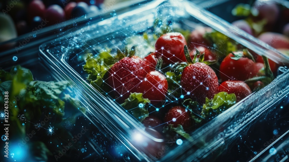 Poster a close-up of nanosensors inside food packaging, actively detecting harmful contaminants, highlighti