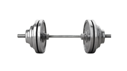 Weightlifting equipment rests on a gym floor, showcasing a metal dumbbell with adjustable weights for strength training