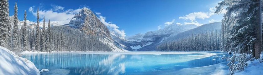Fototapeta premium A stunning winter landscape featuring a frozen lake surrounded by majestic mountains.