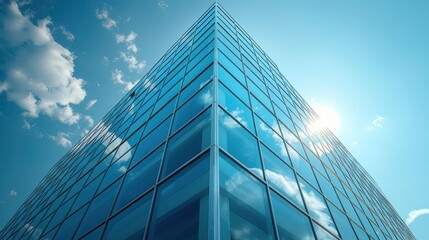 Obraz premium Modern glass building reaching towards the sky, reflecting clouds and sunlight, showcasing urban architecture