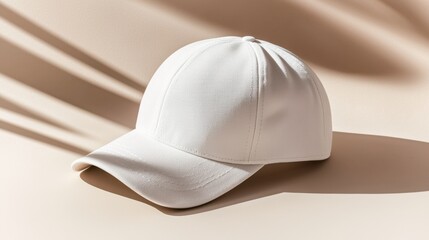 Minimalist trucker hat mock up concept. White cap on a soft surface with gentle shadows