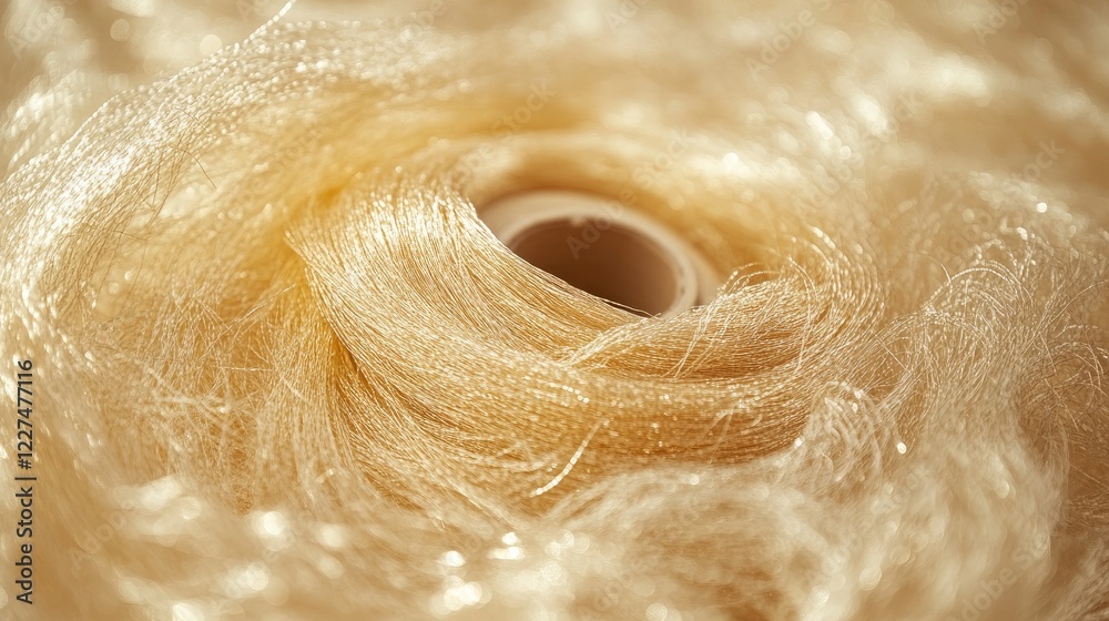 Poster a close-up shot of a spool of golden thread unwinding, forming a chaotic tangle of shimmering strand