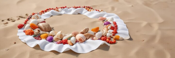 Obraz premium Serviette de plage et collier de coquillages sur le sable, collier de coquillages, fleurs