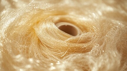 Obraz premium A close-up shot of a spool of golden thread unwinding, forming a chaotic tangle of shimmering strands on a neutral surface, evoking both beauty and disorder