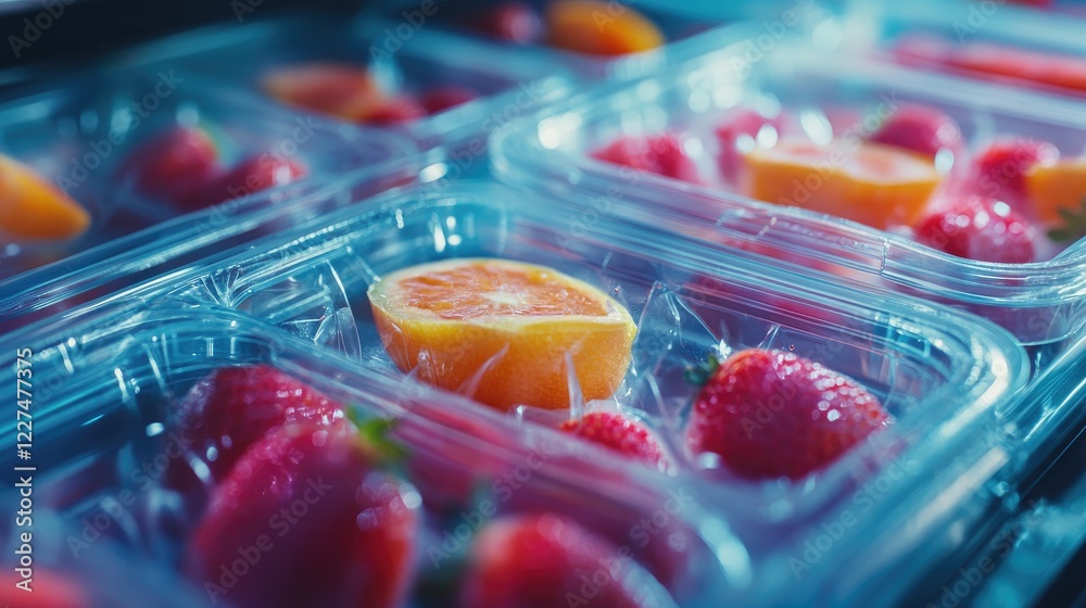 Poster a close-up shot of food packaging with microscopic nanosensors, revealing how they detect harmful su