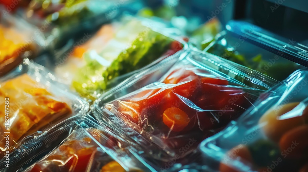 Poster a close-up shot of food packaging with microscopic nanosensors, revealing how they detect harmful su
