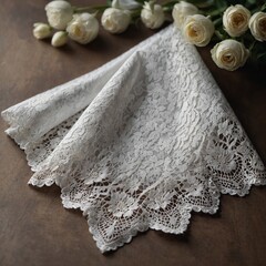 A delicate white lace handkerchief folded neatly on a clean table.