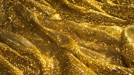 A shimmering golden fabric with sparkling details, creating a luxurious and elegant appearance.