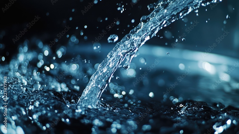 Poster a close-up view of a shower head releasing a gentle stream of water, with small droplets frozen in m