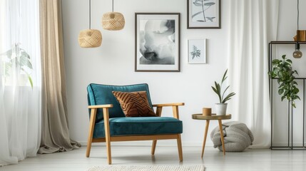 Cozy modern living room featuring a teal chair, decorative pillows, and indoor plants