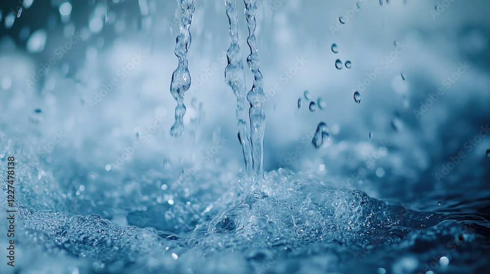 Poster a close-up view of a shower head releasing a gentle stream of water, with small droplets frozen in m
