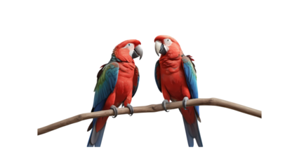 Colorful macaws perched on a branch displaying vibrant feathers in a natural setting during daylight hours