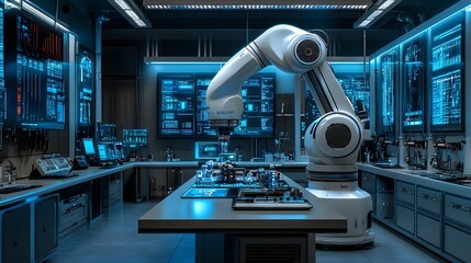 Fototapeta premium Cutting Edge Robotics Lab Holographic Interfaces and Automation Workflows in a Bright Modern Setting