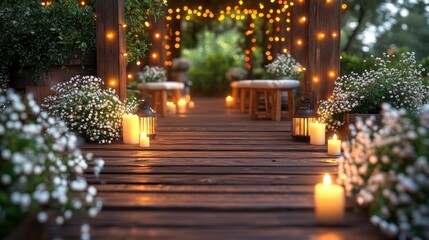 Romantic garden pathway with candles and fairy lights.