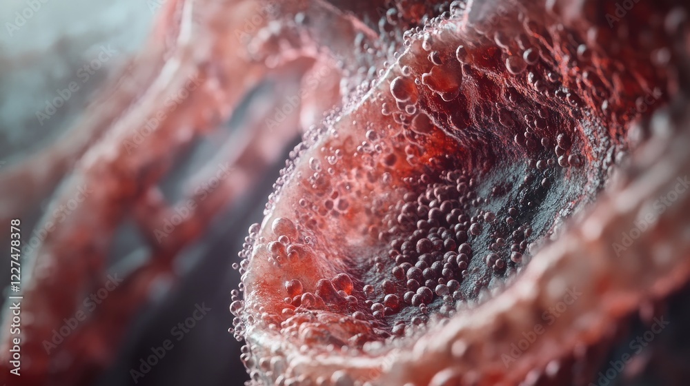 Poster a close-up view of the inside of a vein, showcasing the flow of blood cells through the vessel with 