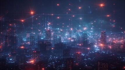 Obraz premium Futuristic city skyline illuminated by vibrant lights with a digital overlay at night