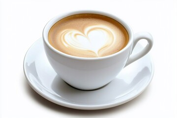 A beautifully crafted latte with heart-shaped foam art in a white cup on a saucer, evoking warmth