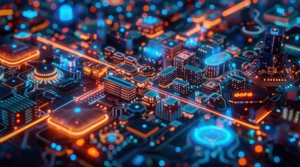 Futuristic cityscape with glowing buildings and vibrant lights at night, technology in action