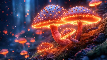 Glowing Bioluminescent Mushrooms in a Mystical Forest with Ethereal Light and Vibrant Colors at Night