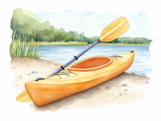 Tranquil watercolor style scene of a kayak paddle leaning against a bright kayak by a riverside surrounded by lush nature and a serene landscape inviting outdoor adventure and relaxation