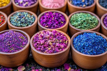 Colorful types of tea in wooden jars. Generative AI