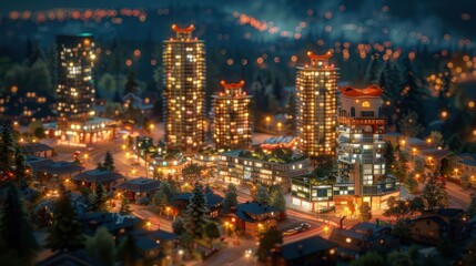 Obraz premium A vibrant miniature cityscape at night, showcasing illuminated buildings and a serene atmosphere
