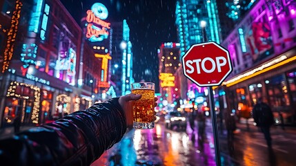A hand holds a glass of amber liquid against a blurred backdrop of a vibrant, rain-slicked city street at night, with a prominent "STOP" sign suggesting a cautionary message about drinking and driving