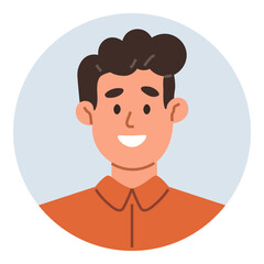 Cheerful young man with short brown hair and a bright smile, wearing an orange shirt. Ideal for profile photo, avatar, social media, communication, diversity, identity, apps flat color icon