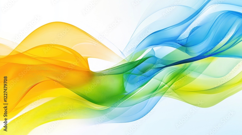 Poster a colorful, fluid abstract design with summer-inspired hues of yellow, blue, and green, creating a d