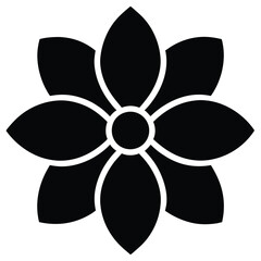 A basic flower icon with five petals and a circular center. Black and white flower isolated, black and white flower on white , black and white flower