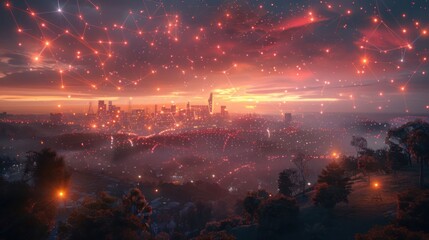 Obraz premium Stunning sunset over a city skyline with digital connections and glowing lights in the sky