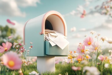 A 3D-rendered illustration of an open mailbox with letters spilling out, surrounded by vibrant green grass and colorful flowers