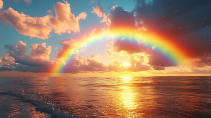 Rainbow sunset over the ocean horizon with  clouds and reflections