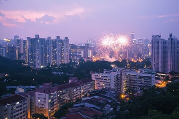 Obraz premium Fireworks launching over a bustling cityscape during Lunar New Year celebrations.