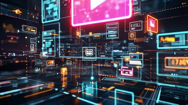 Vibrant digital interface displaying multimedia icons and connections in a futuristic setting