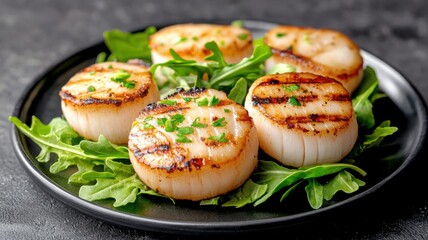 Grilled scallops served on a bed of fresh greens, garnished with herbs, showcasing a delicious seafood dish.
