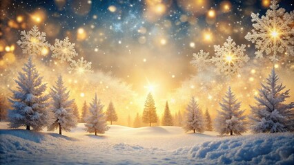 Winter Wonderland Scene with Snowflakes and Frosty Trees Illuminated by Soft Golden Light, golden light, frosty trees