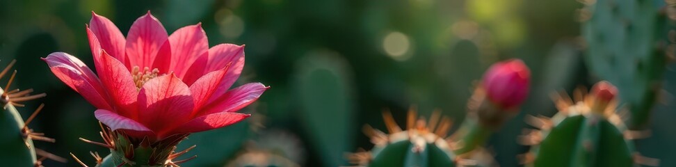 Fototapeta premium Red pink Opuntia cochenillifera flower single bloom, cactus, red, green