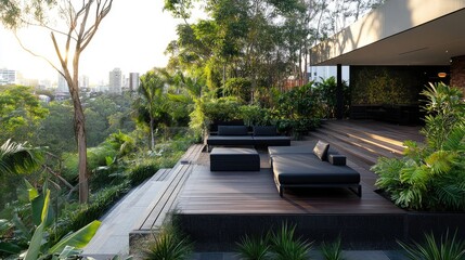 Obraz premium A contemporary rooftop space with minimalist black furniture, surrounded by lush greenery and wooden decking, offering a calm and tranquil outdoor retreat