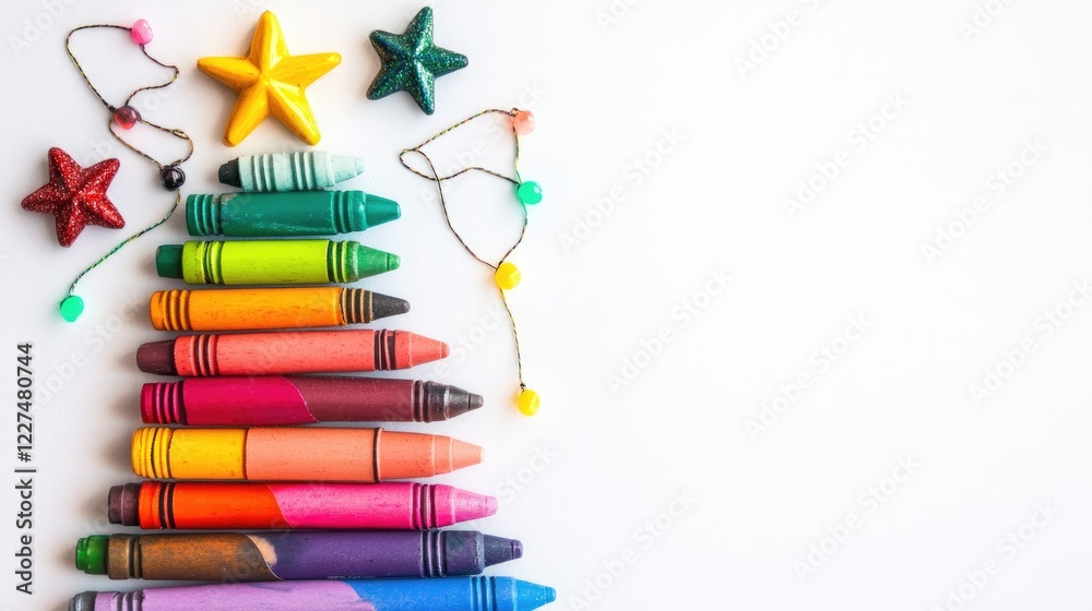 Poster a creative holiday setup with colorful crayons arranged to form a christmas tree, adorned with festi