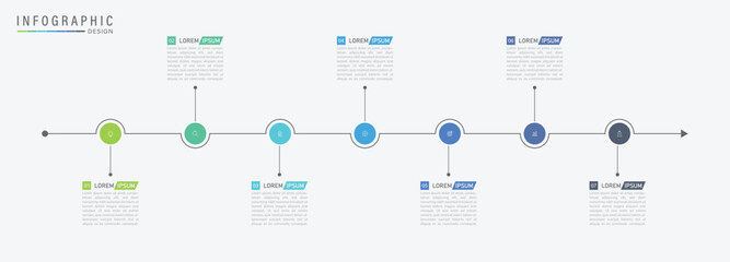Infographic timeline of 7 important events in business horizontal template. Business presentation, Planning, Report, Data and Milestone. Vector illustration