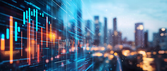 futuristic cityscape with glowing data charts and graphs overlaying blurred skyline, symbolizing technology and innovation