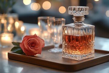 Glass of whiskey with ice and a rose on a wooden tray