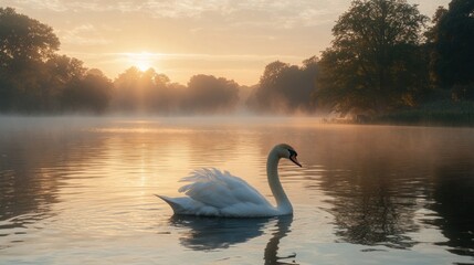 Serene swan on misty lake at sunrise.
