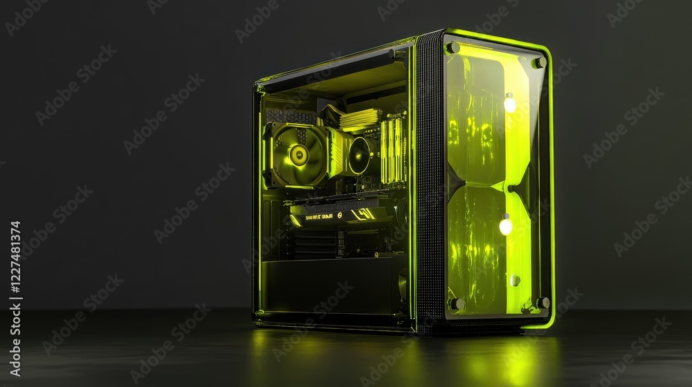 Poster A custom-built PC with an RGB-lit cooling system, showcasing bold and vibrant colors, adding flair and advanced performance to the gaming or tech environment