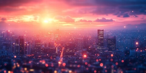 Obraz premium Panoramic view of a vibrant cityscape during a sunset