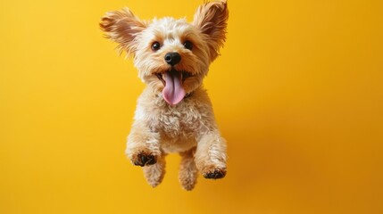 A cute dog mid-jump with its tongue hanging out, set against a cheerful yellow background, radiating happiness and fun in an energetic pose
